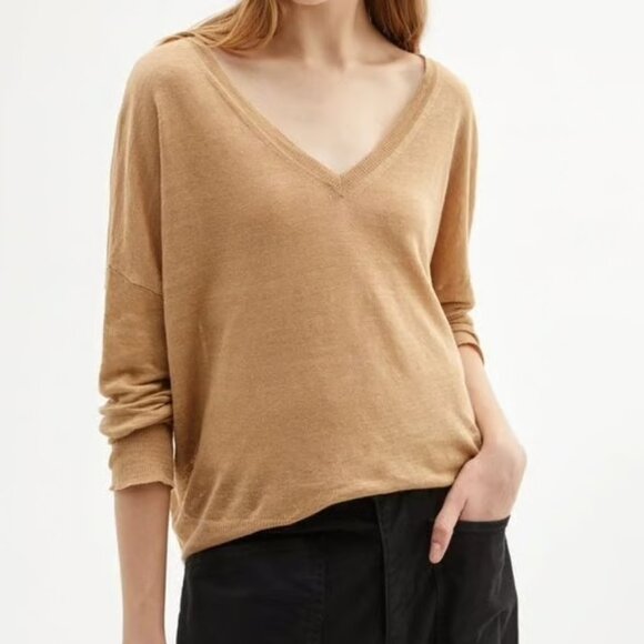 Nili Lotan Ginny Jute Beige 100% Linen Fine Gauge V-Neck Sweater Size XS - Picture 1 of 6